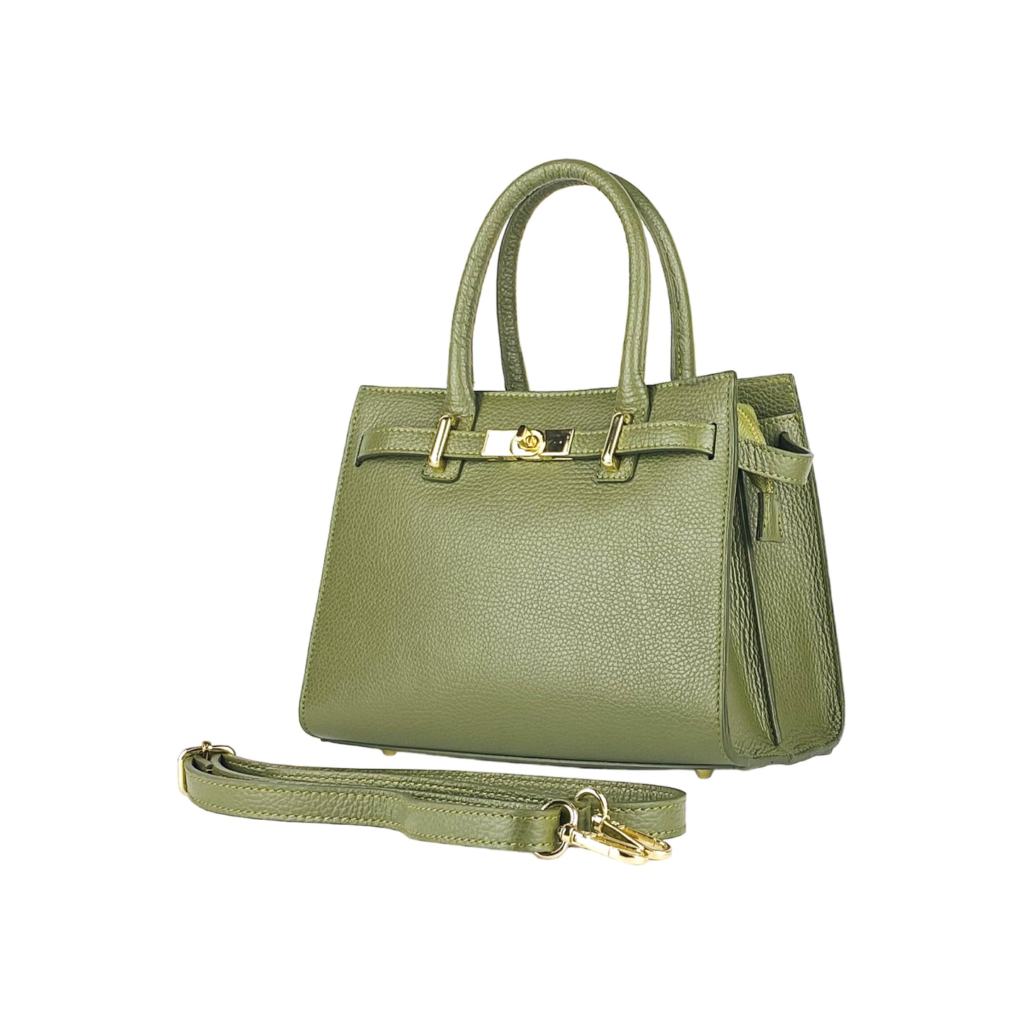 RB1016AG | Borsa Donna a Mano in Vera Pelle Made in Italy con tracolla removibile. Moschettoni in metallo Oro Lucido - Colore Verde Oliva - Dimensioni: cm 28 x 20 x 14 + 12,5