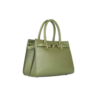 RB1016AG | Borsa Donna a Mano in Vera Pelle Made in Italy con tracolla removibile. Moschettoni in metallo Oro Lucido - Colore Verde Oliva - Dimensioni: cm 28 x 20 x 14 + 12,5