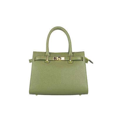 RB1016AG | Borsa Donna a Mano in Vera Pelle Made in Italy con tracolla removibile. Moschettoni in metallo Oro Lucido - Colore Verde Oliva - Dimensioni: cm 28 x 20 x 14 + 12,5