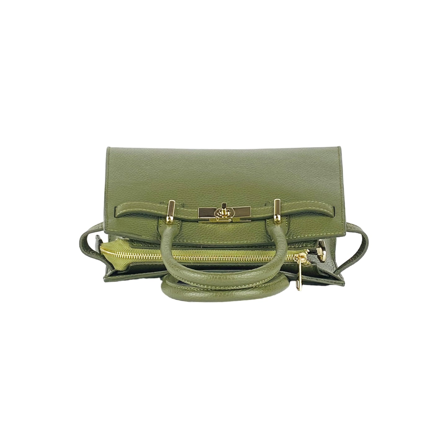 RB1016AG | Borsa Donna a Mano in Vera Pelle Made in Italy con tracolla removibile. Moschettoni in metallo Oro Lucido - Colore Verde Oliva - Dimensioni: cm 28 x 20 x 14 + 12,5