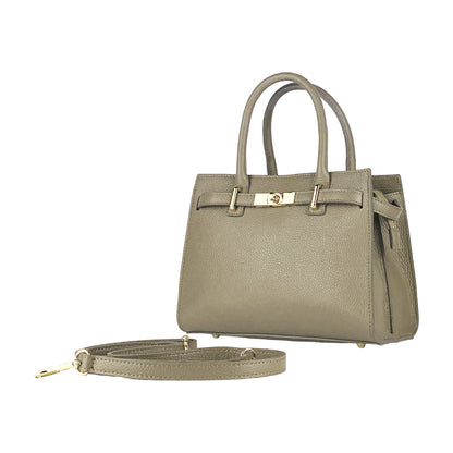 RB1016AQ | Borsa Donna a Mano in Vera Pelle Made in Italy con tracolla removibile. Attacchi con moschettoni in metallo Oro Lucido - Colore Taupe - Dimensioni: cm 28 x 20 x 14 + 12,5