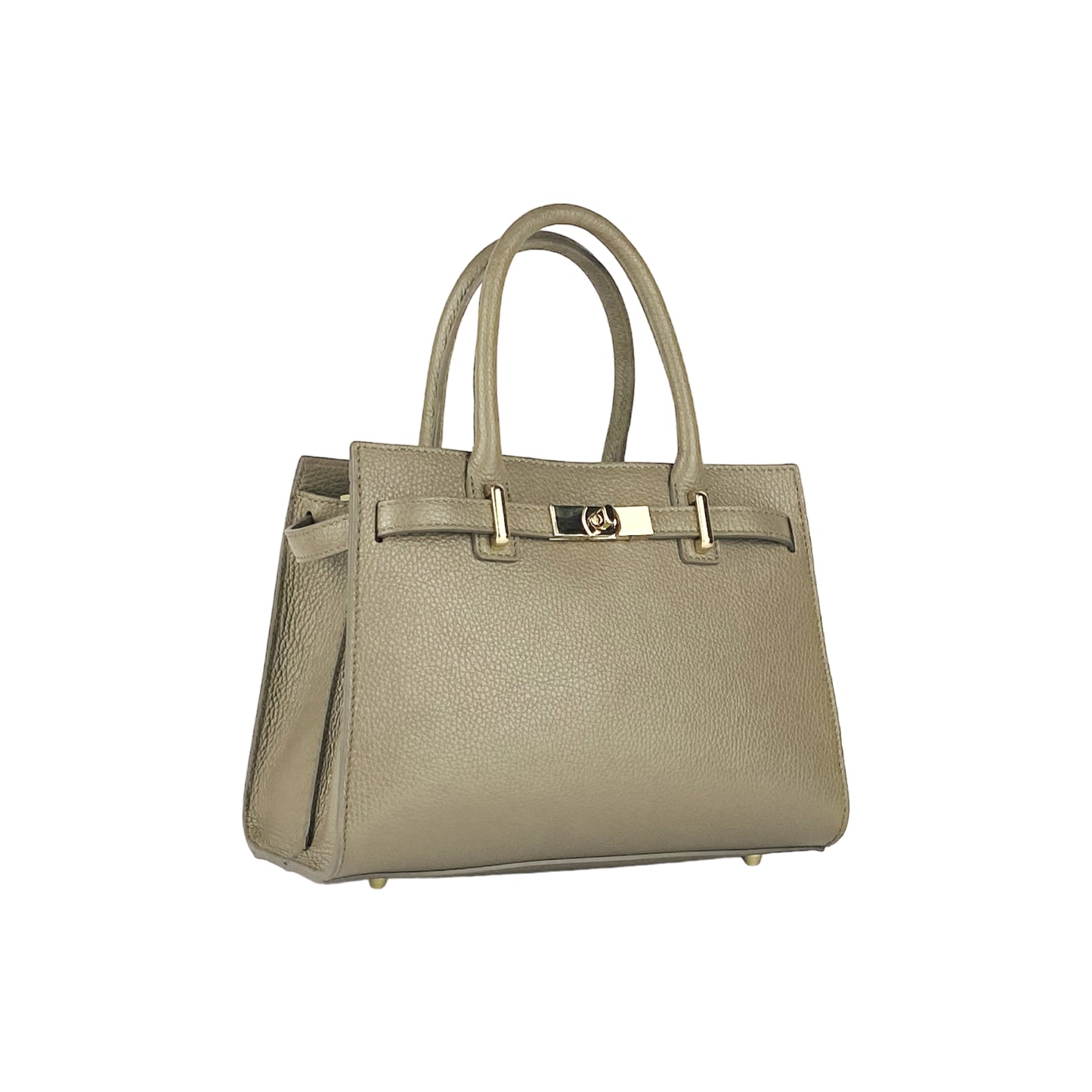 RB1016AQ | Borsa Donna a Mano in Vera Pelle Made in Italy con tracolla removibile. Attacchi con moschettoni in metallo Oro Lucido - Colore Taupe - Dimensioni: cm 28 x 20 x 14 + 12,5