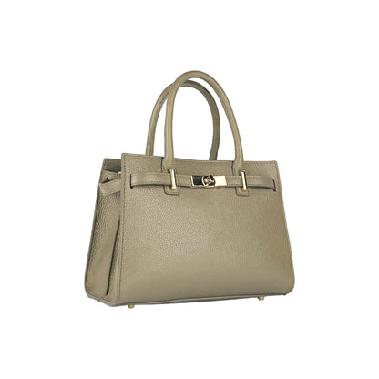 RB1016AQ | Women's handbag in genuine leather Made in Italy with removable shoulder strap. Attachments with shiny gold metal snap hooks - Taupe color - Dimensions: 28 x 20 x 14 + 12.5 cm