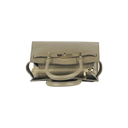 RB1016AQ | Borsa Donna a Mano in Vera Pelle Made in Italy con tracolla removibile. Attacchi con moschettoni in metallo Oro Lucido - Colore Taupe - Dimensioni: cm 28 x 20 x 14 + 12,5