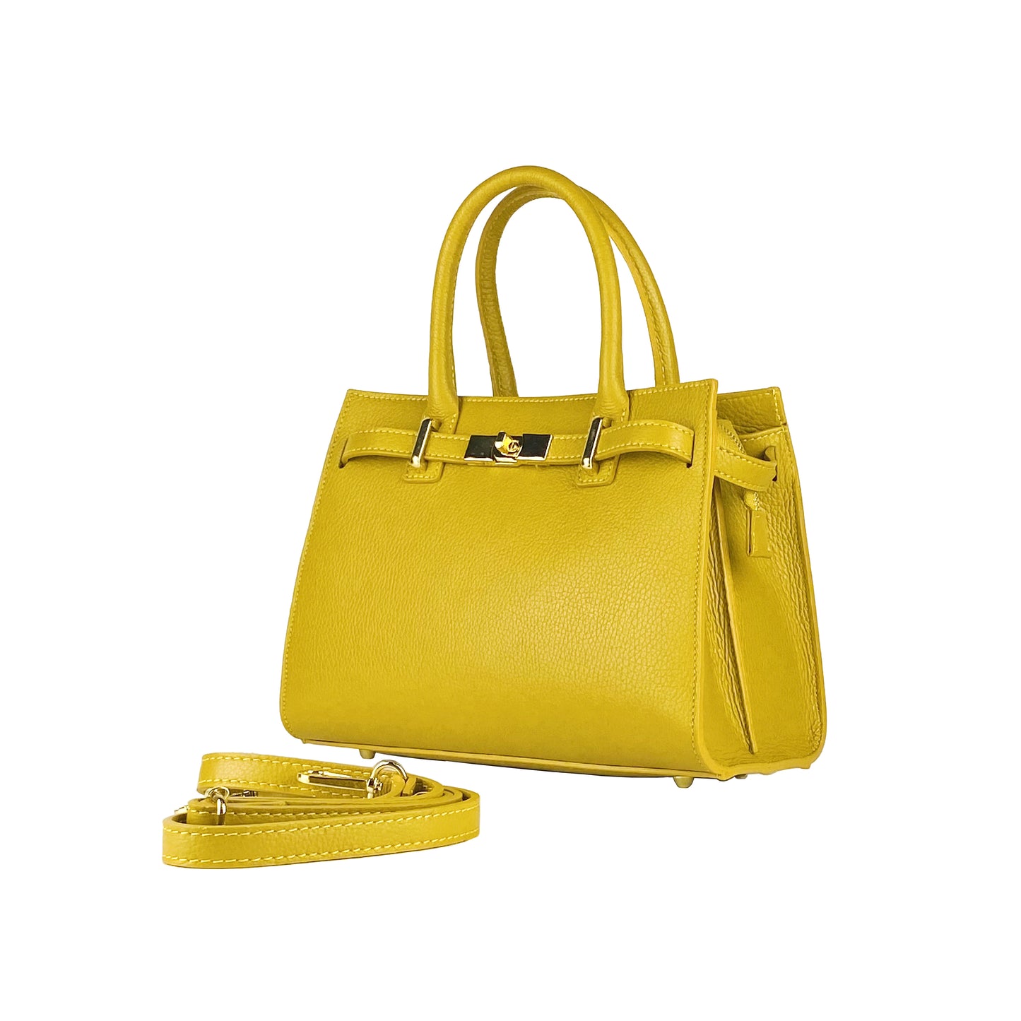 RB1016AR | Women's handbag in genuine leather Made in Italy with removable shoulder strap. Attachments with shiny gold metal snap hooks - Mustard color - Dimensions: 28 x 20 x 14 + 12.5 cm