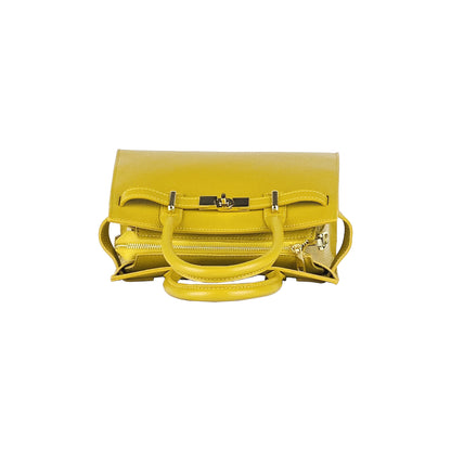 RB1016AR | Women's handbag in genuine leather Made in Italy with removable shoulder strap. Attachments with shiny gold metal snap hooks - Mustard color - Dimensions: 28 x 20 x 14 + 12.5 cm