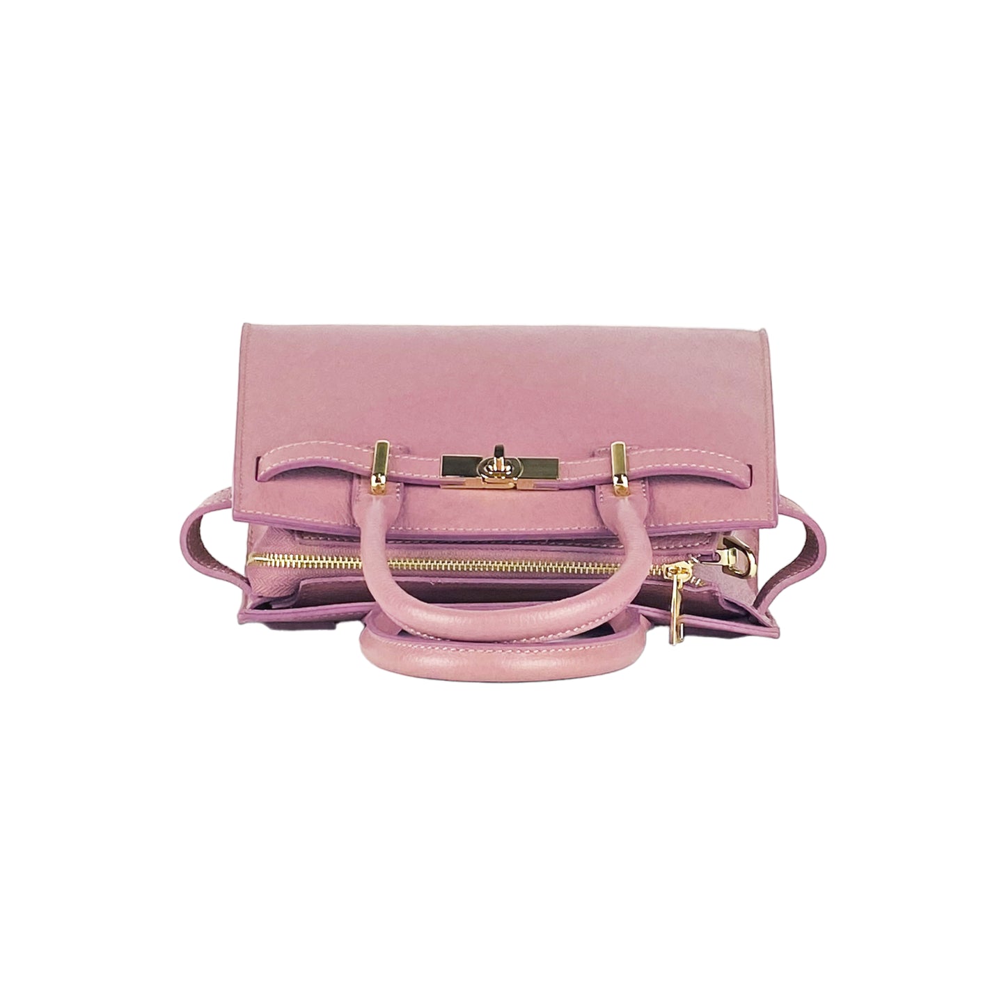 RB1016AZ | Borsa Donna a Mano in Vera Pelle Made in Italy con tracolla removibile. Moschettoni in metallo Oro Lucido - Colore Rosa Antico - Dimensioni: cm 28 x 20 x 14 + 12,5