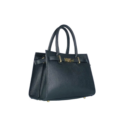 RB1016A | Borsa Donna a Mano in Vera Pelle Made in Italy con tracolla removibile. Attacchi con moschettoni in metallo Oro Lucido - Colore Nero - Dimensioni: cm 28 x 20 x 14 + 12,5