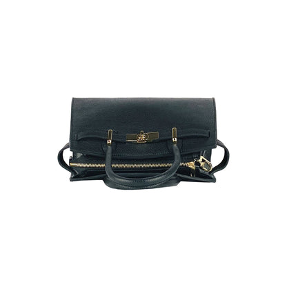 RB1016A | Borsa Donna a Mano in Vera Pelle Made in Italy con tracolla removibile. Attacchi con moschettoni in metallo Oro Lucido - Colore Nero - Dimensioni: cm 28 x 20 x 14 + 12,5