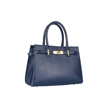 RB1016D | Women's handbag in genuine leather Made in Italy with removable shoulder strap. Attachments with shiny gold metal snap hooks - Blue color - Dimensions: 28 x 20 x 14 + 12.5 cm