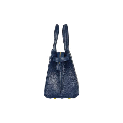 RB1016D | Women's handbag in genuine leather Made in Italy with removable shoulder strap. Attachments with shiny gold metal snap hooks - Blue color - Dimensions: 28 x 20 x 14 + 12.5 cm