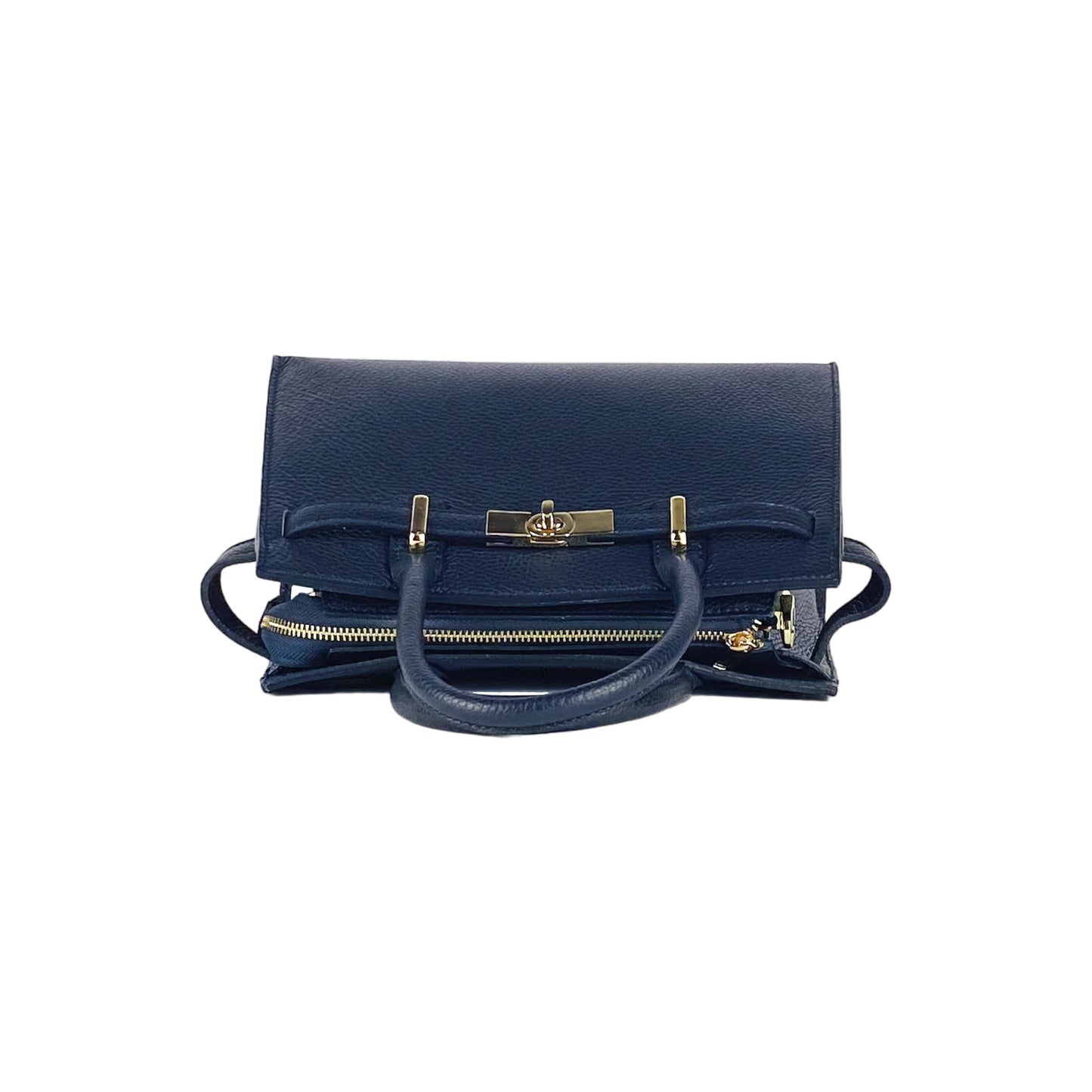 RB1016D | Women's handbag in genuine leather Made in Italy with removable shoulder strap. Attachments with shiny gold metal snap hooks - Blue color - Dimensions: 28 x 20 x 14 + 12.5 cm