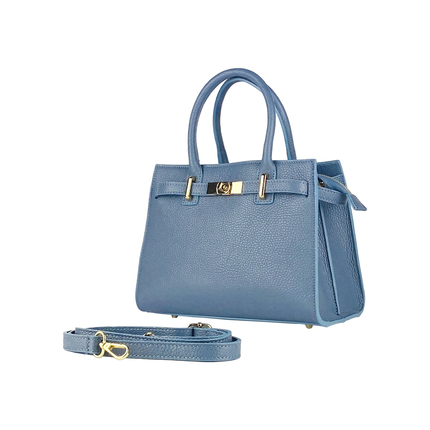 RB1016P | Women's handbag in genuine leather Made in Italy with removable shoulder strap. Attachments with shiny gold metal snap hooks - Avio color - Dimensions: 28 x 20 x 14 + 12.5 cm