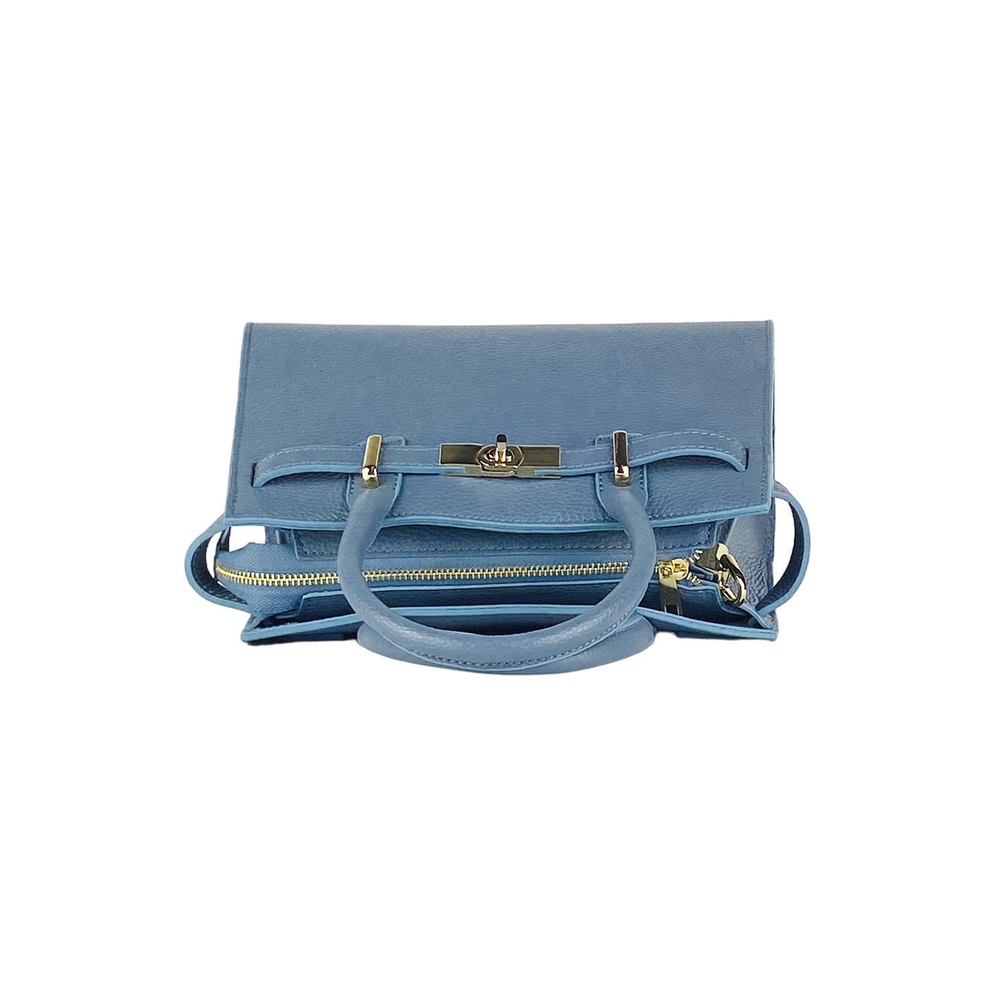 RB1016P | Borsa Donna a Mano in Vera Pelle Made in Italy con tracolla removibile. Attacchi con moschettoni in metallo Oro Lucido - Colore Avio - Dimensioni: cm 28 x 20 x 14 + 12,5