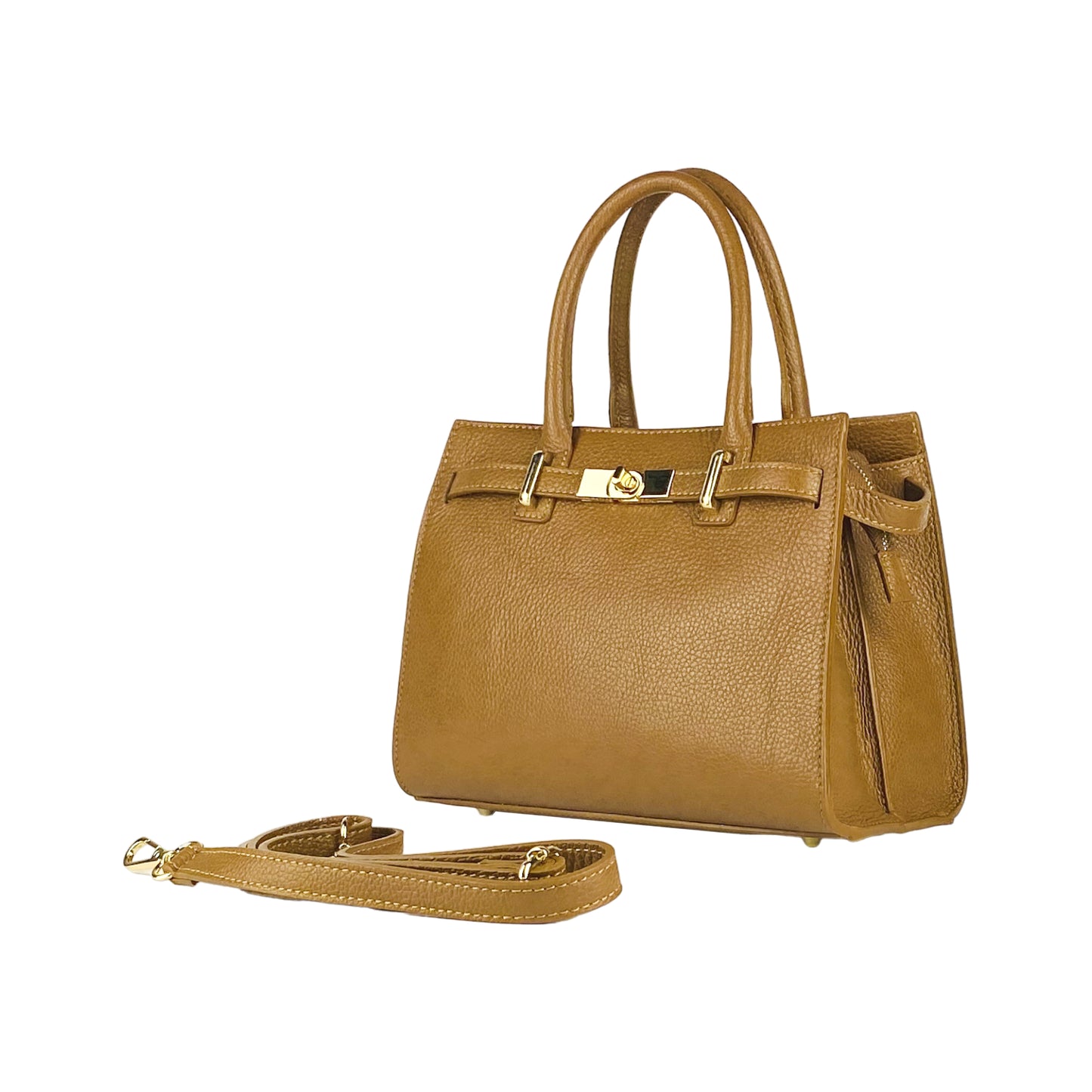 RB1016S | Borsa Donna a Mano in Vera Pelle Made in Italy con tracolla removibile. Attacchi con moschettoni in metallo Oro Lucido - Colore Cognac - Dimensioni: cm 28 x 20 x 14 + 12,5