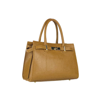 RB1016S | Women's handbag in genuine leather Made in Italy with removable shoulder strap. Attachments with shiny gold metal snap hooks - Cognac color - Dimensions: 28 x 20 x 14 + 12.5 cm