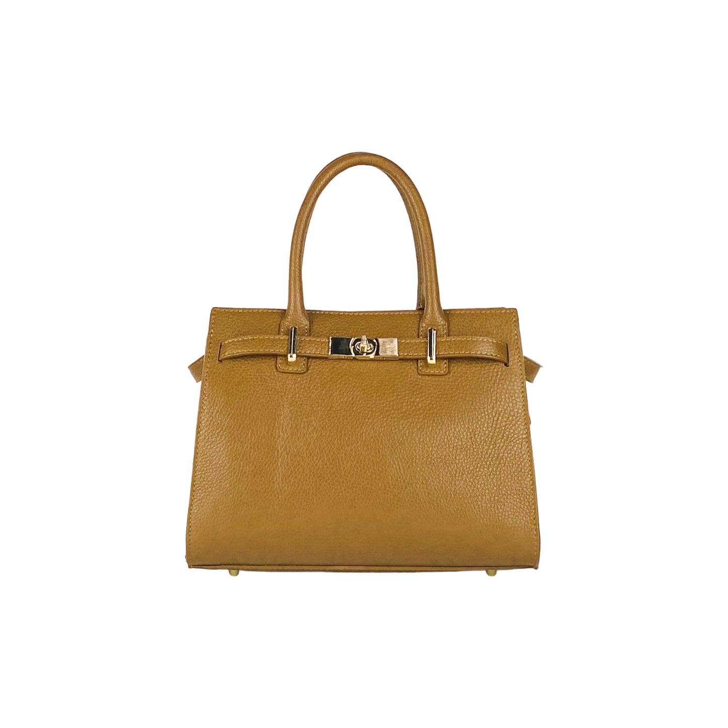 RB1016S | Women's handbag in genuine leather Made in Italy with removable shoulder strap. Attachments with shiny gold metal snap hooks - Cognac color - Dimensions: 28 x 20 x 14 + 12.5 cm