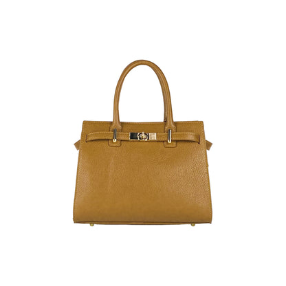 RB1016S | Women's handbag in genuine leather Made in Italy with removable shoulder strap. Attachments with shiny gold metal snap hooks - Cognac color - Dimensions: 28 x 20 x 14 + 12.5 cm