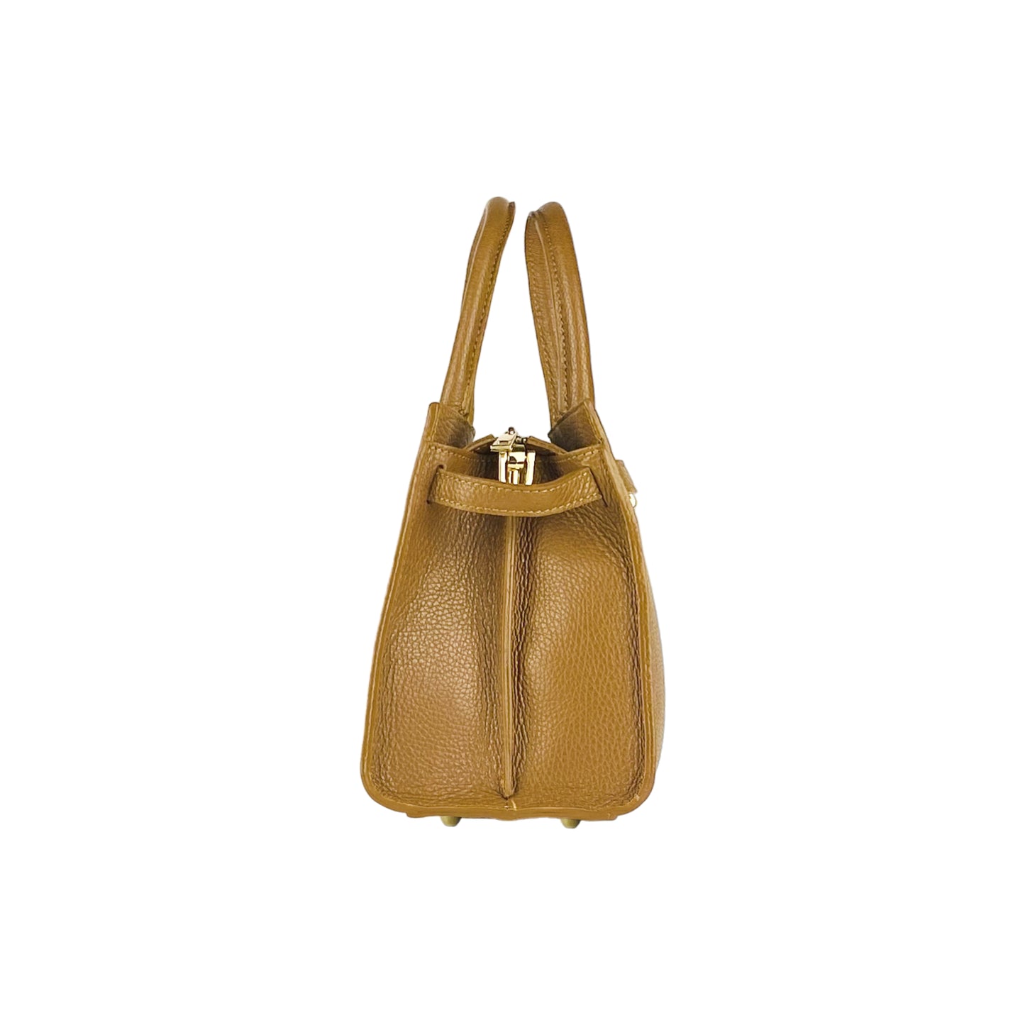 RB1016S | Borsa Donna a Mano in Vera Pelle Made in Italy con tracolla removibile. Attacchi con moschettoni in metallo Oro Lucido - Colore Cognac - Dimensioni: cm 28 x 20 x 14 + 12,5