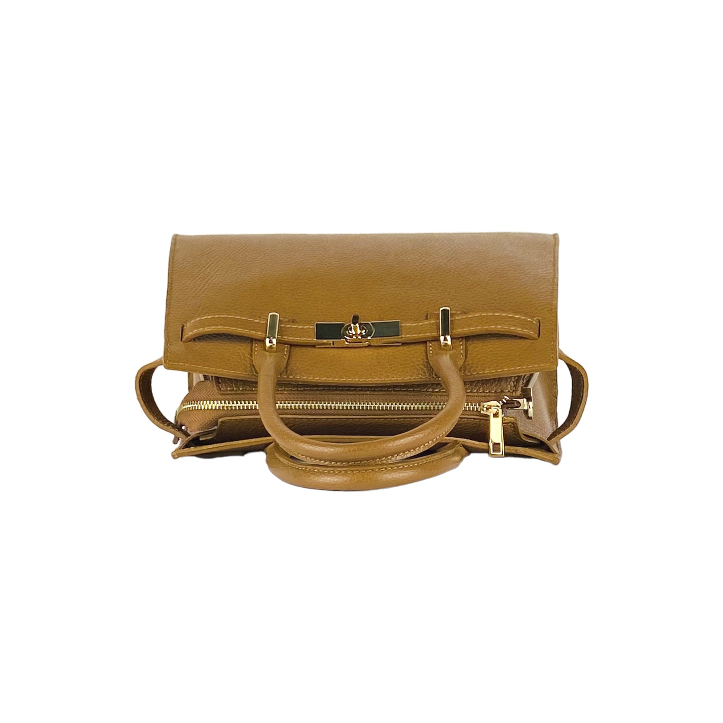 RB1016S | Borsa Donna a Mano in Vera Pelle Made in Italy con tracolla removibile. Attacchi con moschettoni in metallo Oro Lucido - Colore Cognac - Dimensioni: cm 28 x 20 x 14 + 12,5