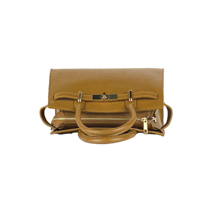 RB1016S | Borsa Donna a Mano in Vera Pelle Made in Italy con tracolla removibile. Attacchi con moschettoni in metallo Oro Lucido - Colore Cognac - Dimensioni: cm 28 x 20 x 14 + 12,5