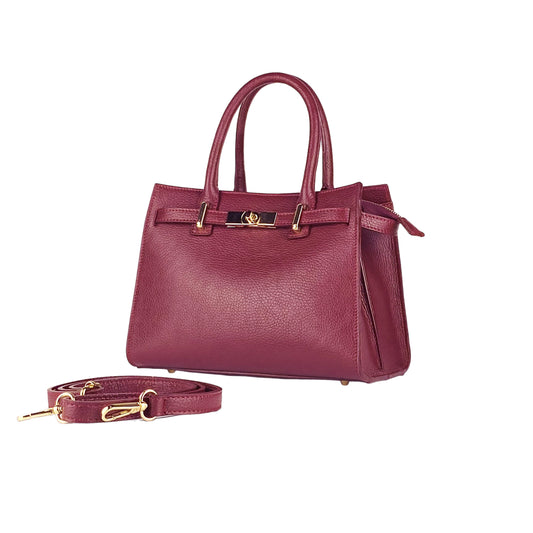 RB1016X | Women's handbag in genuine leather Made in Italy with removable shoulder strap. Attachments with shiny gold metal snap hooks. Bordeaux color. Dimensions: 28 x 20 x 14 + 12.5 cm