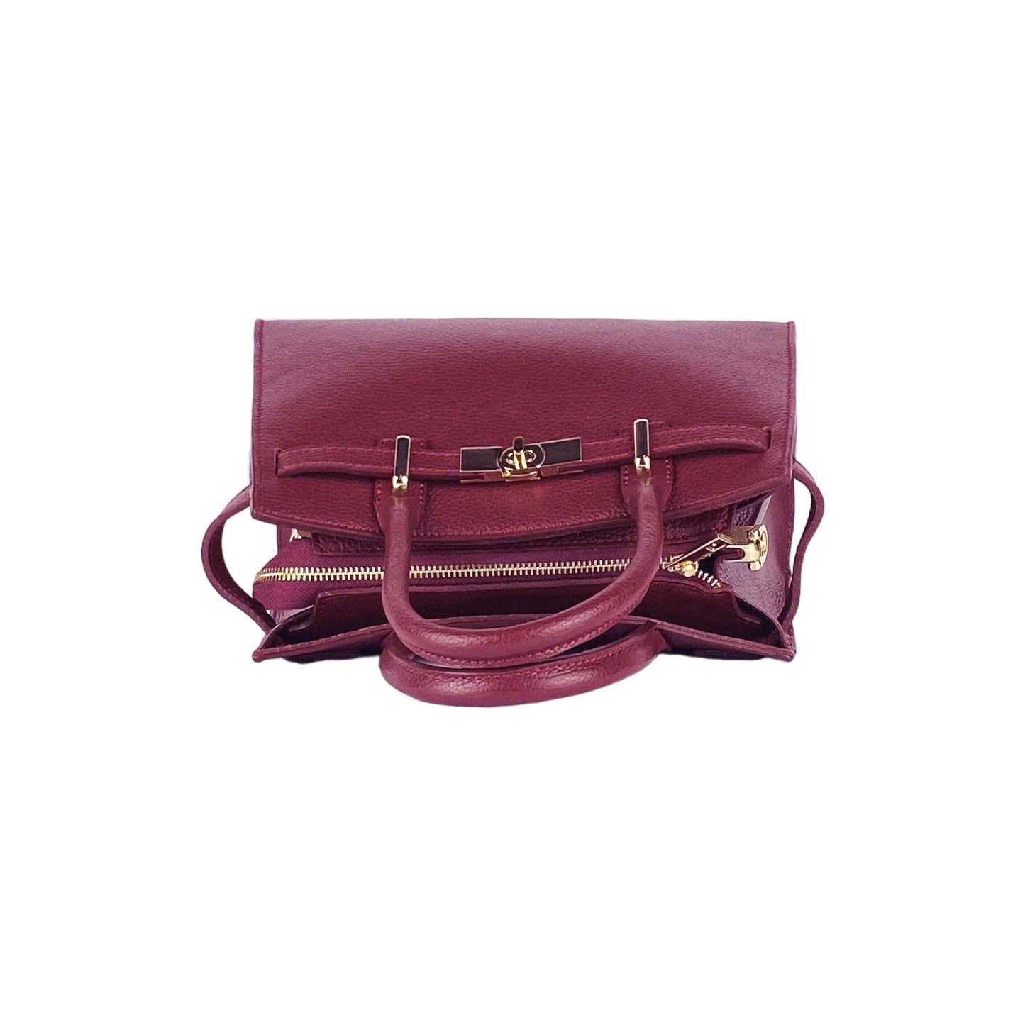 RB1016X | Borsa Donna a Mano in Vera Pelle Made in Italy con tracolla removibile. Attacchi con moschettoni in metallo Oro Lucido. Colore Bordeaux. Dimensioni: cm 28 x 20 x 14 + 12,5