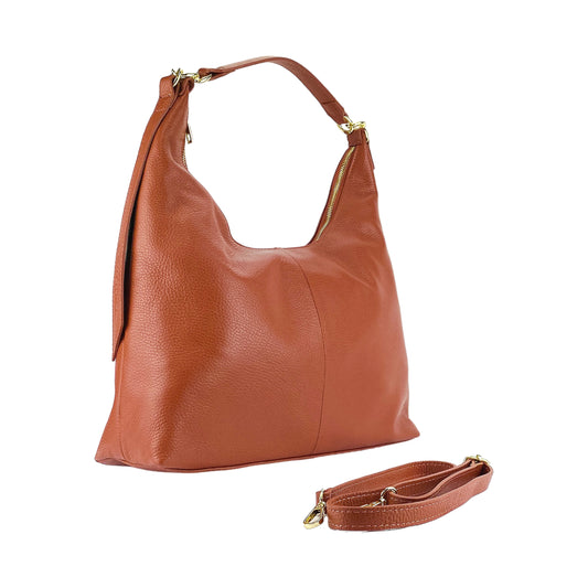 RB1017AM | Soft women's shoulder bag in genuine leather Made in Italy with single handle and removable shoulder strap. Attachments with shiny gold metal snap hooks - Paprika color - Dimensions: 36 x 40 x 13 cm