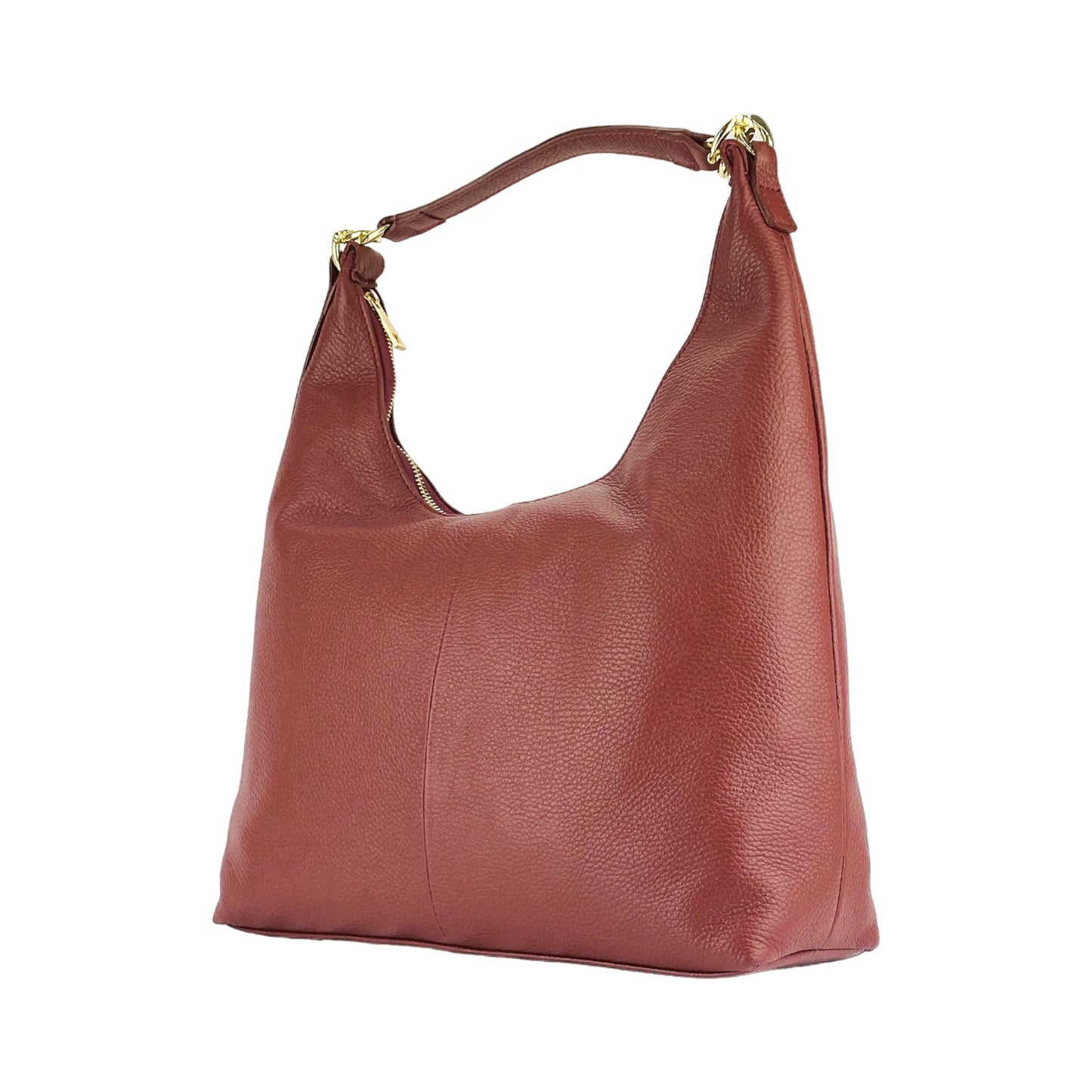 RB1017Q | Borsa Donna a spalla Morbida in Vera Pelle Made in Italy con tracolla removibile. Attacchi con moschettoni in metallo Oro Lucido - Colore Rubino - Dimensioni: cm 36 x 40 x 13