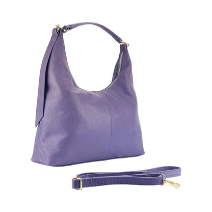 RB1017Y | Borsa Donna a spalla Morbida in Vera Pelle Made in Italy con tracolla removibile. Attacchi con moschettoni in metallo Oro Lucido - Colore Viola - Dimensioni: cm 36 x 40 x 13