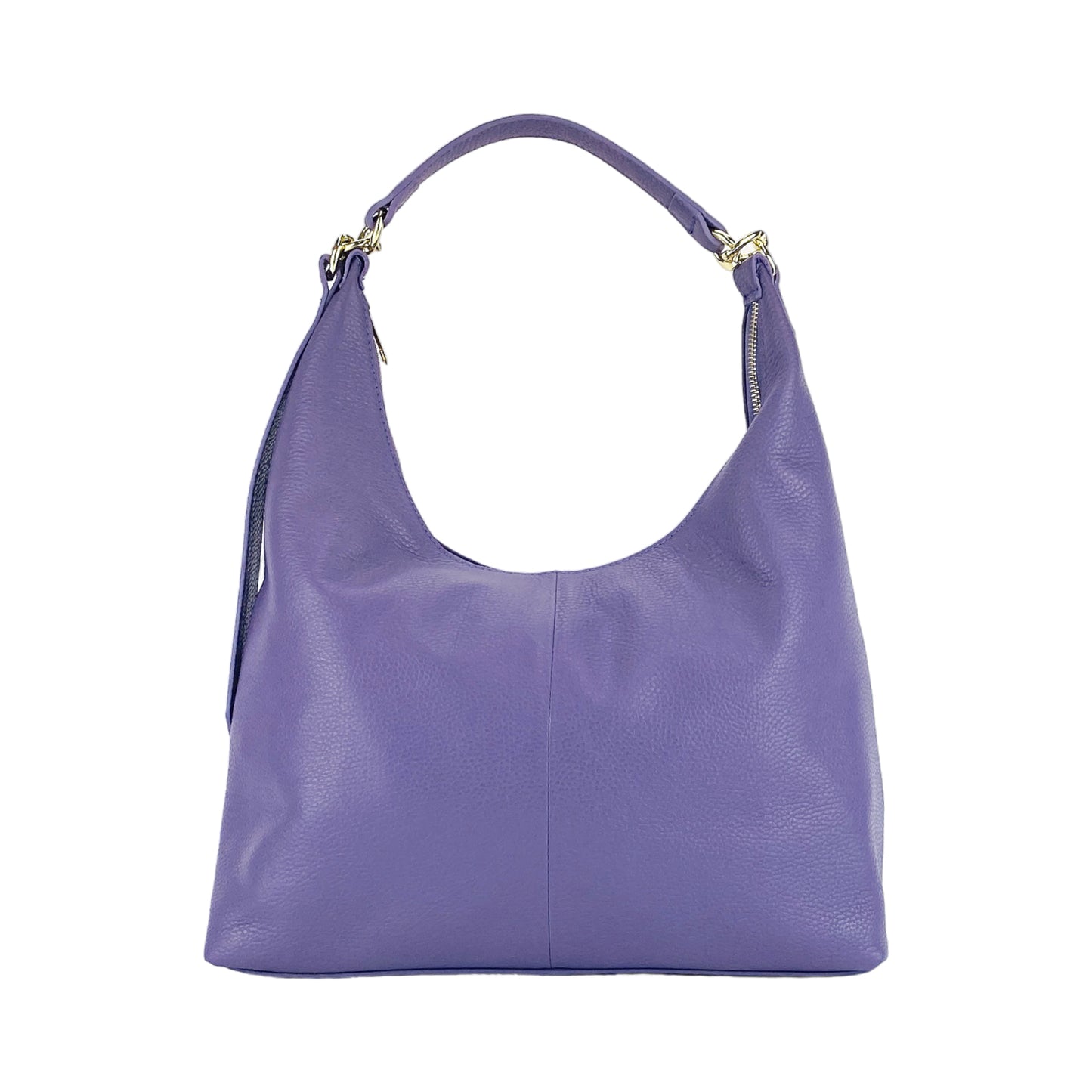 RB1017Y | Borsa Donna a spalla Morbida in Vera Pelle Made in Italy con tracolla removibile. Attacchi con moschettoni in metallo Oro Lucido - Colore Viola - Dimensioni: cm 36 x 40 x 13