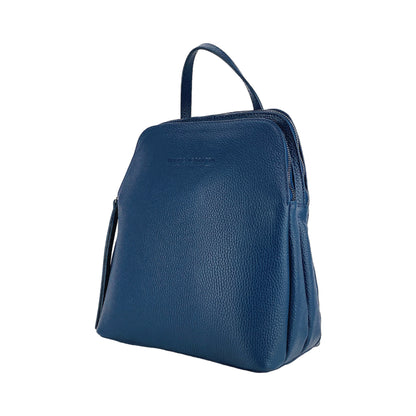 RB1018D | Zaino Donna Doppio scomparto in Vera Pelle Made in Italy con spallacci regolabili. Accessori in metallo Canna di Fucile - Colore Blu - Dimensioni: cm 26 x 30 x 14,5