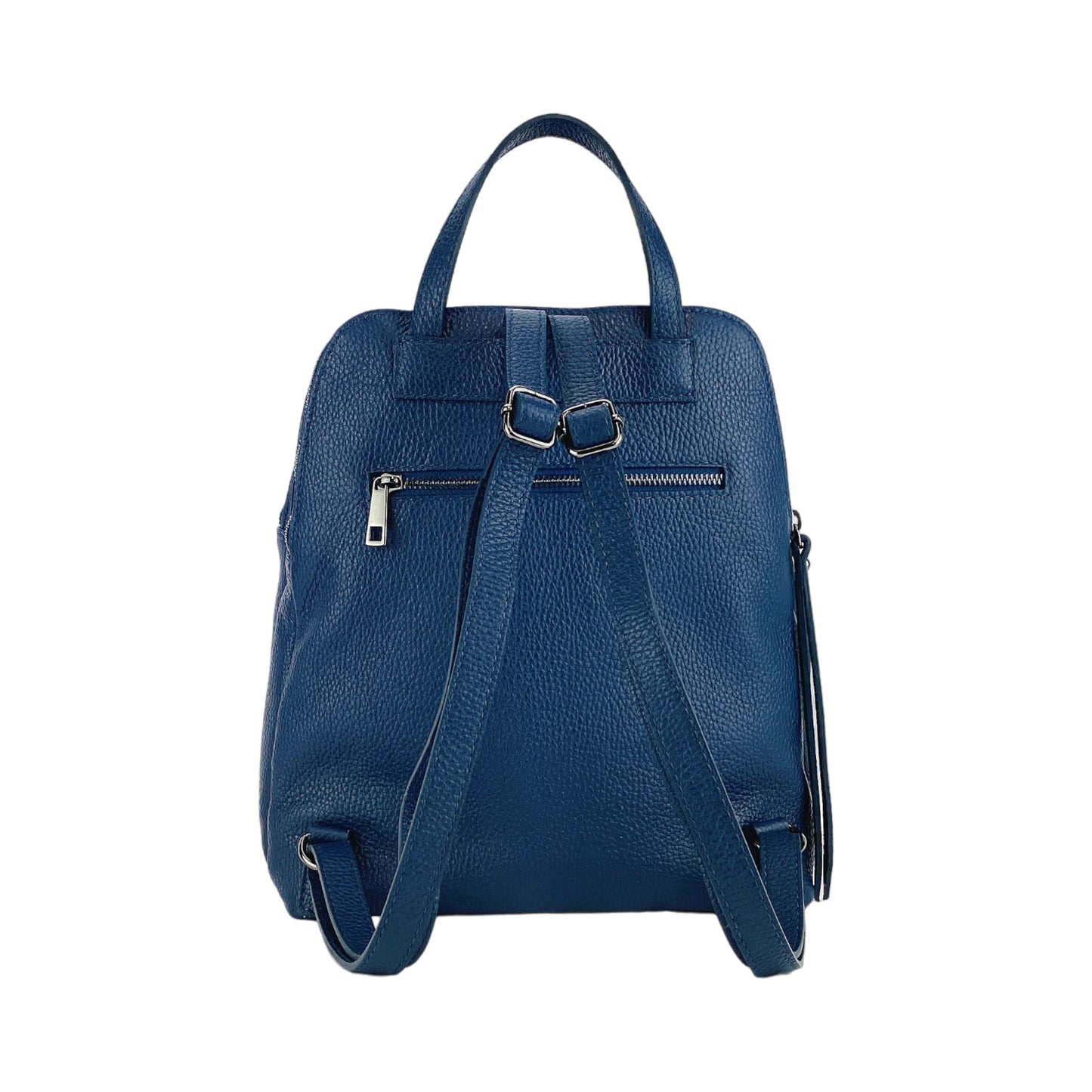 RB1018D | Zaino Donna Doppio scomparto in Vera Pelle Made in Italy con spallacci regolabili. Accessori in metallo Canna di Fucile - Colore Blu - Dimensioni: cm 26 x 30 x 14,5