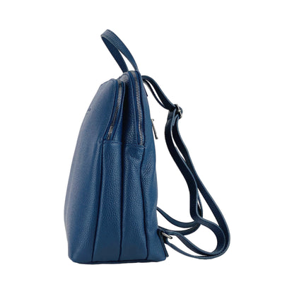 RB1018D | Genuine Leather Double Compartment Women's Backpack Made in Italy with adjustable shoulder straps. Gunmetal metal accessories - Blue color - Dimensions: 26 x 30 x 14.5 cm