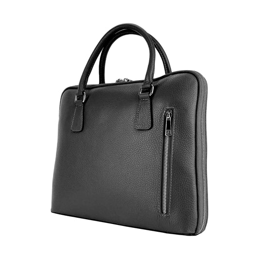 RB1019A | Unisex Business Briefcase in Genuine Leather Made in Italy with removable shoulder strap. Attachments with shiny nickel metal snap hooks - Black color - Dimensions: 37 x 29 x 6.5 cm