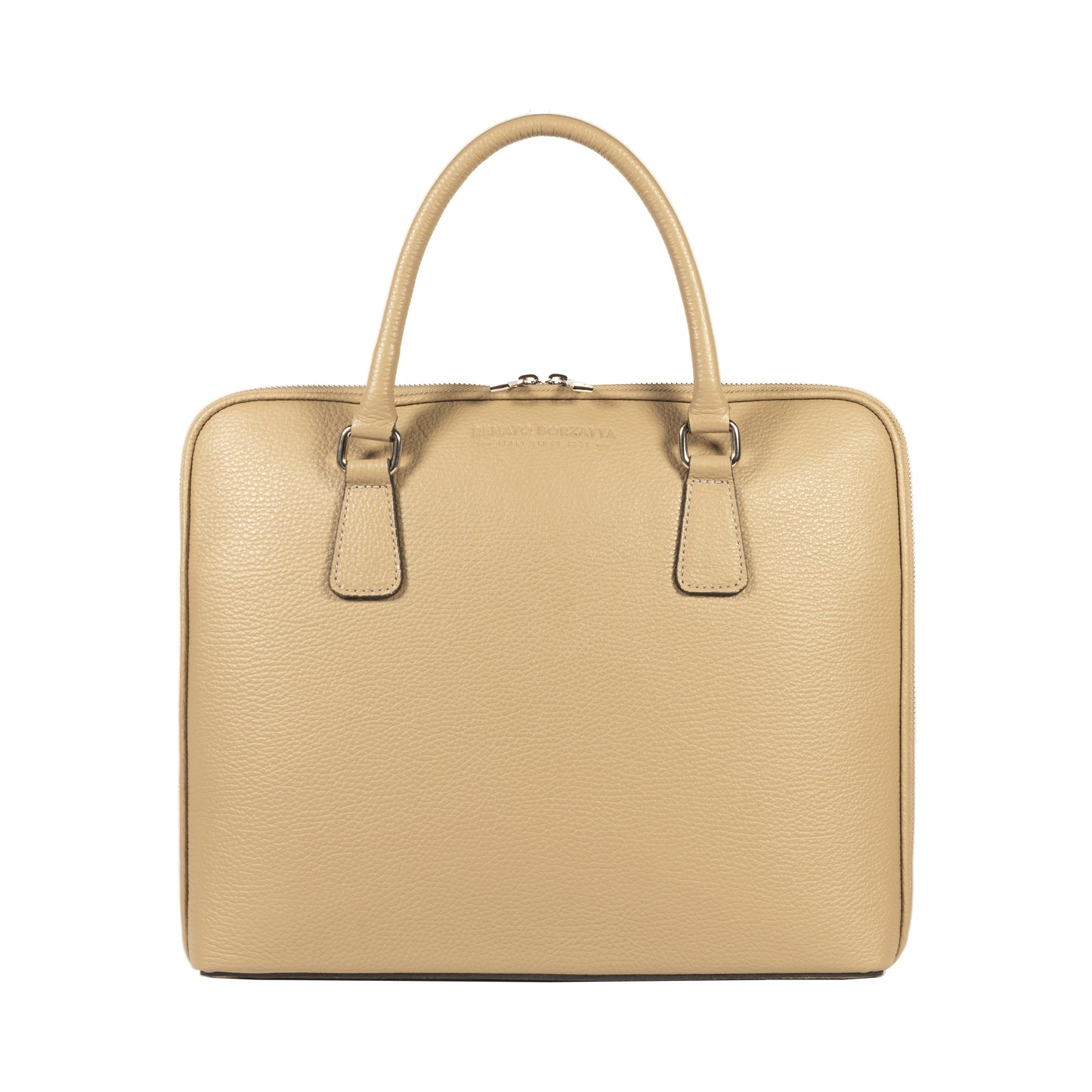 RB1019AQ | Cartella Business Unisex in Vera Pelle Made in Italy con tracolla removibile. Attacchi con moschettoni in metallo Nickel Lucido - Colore Taupe - Dimensioni: cm 37 x 29 x 6,5