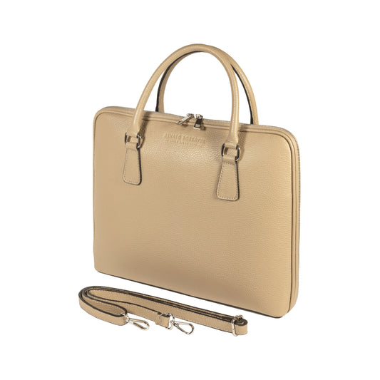 RB1019AQ | Unisex Business Briefcase in Genuine Leather Made in Italy with removable shoulder strap. Attachments with shiny nickel metal snap hooks - Taupe color - Dimensions: cm 37 x 29 x 6.5