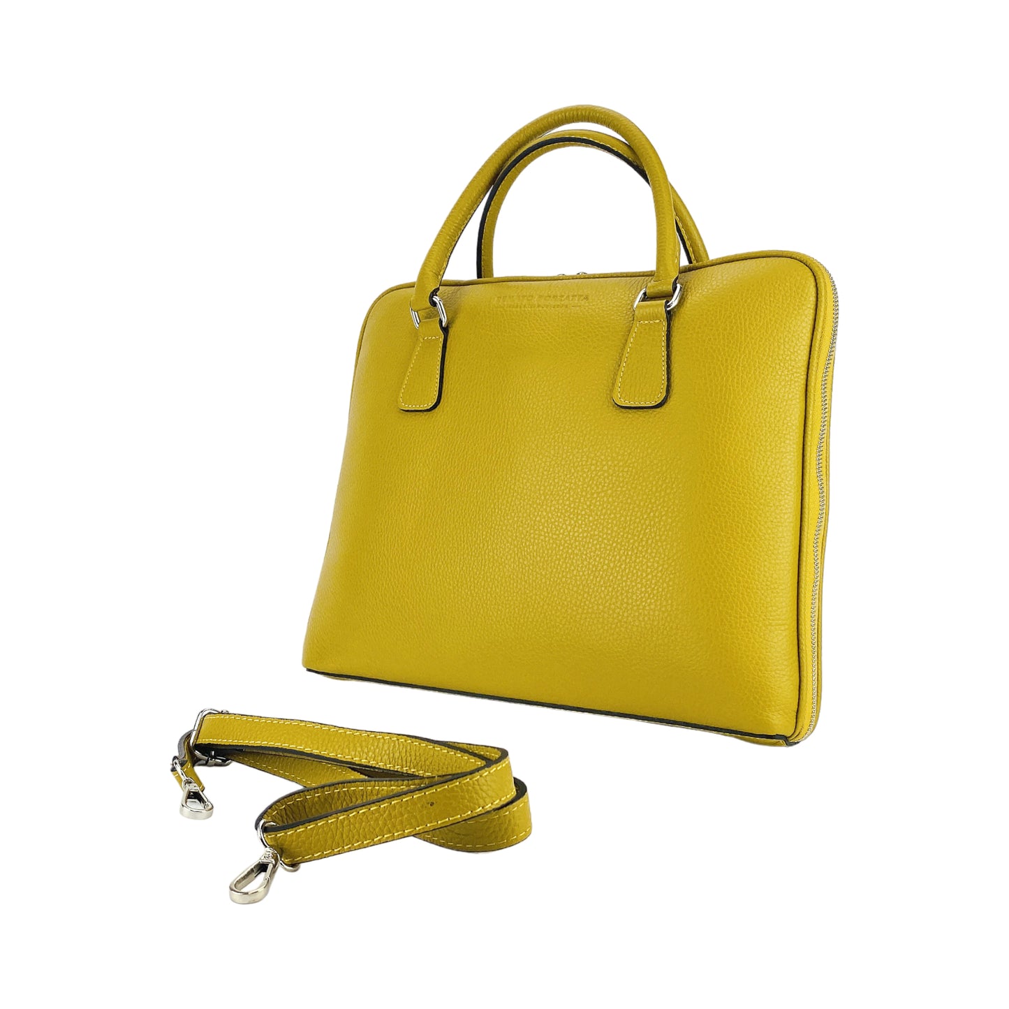 RB1019AR | Unisex Business Briefcase in Genuine Leather Made in Italy with removable shoulder strap. Attachments with shiny nickel metal snap hooks - Mustard color - Dimensions: 37 x 29 x 6.5 cm