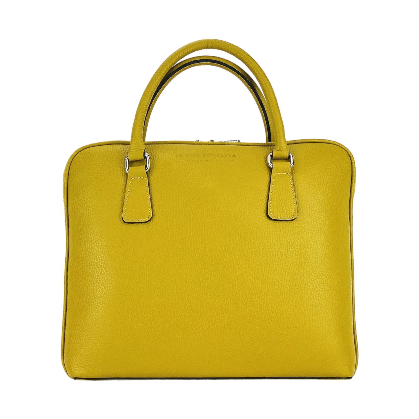 RB1019AR | Unisex Business Briefcase in Genuine Leather Made in Italy with removable shoulder strap. Attachments with shiny nickel metal snap hooks - Mustard color - Dimensions: 37 x 29 x 6.5 cm