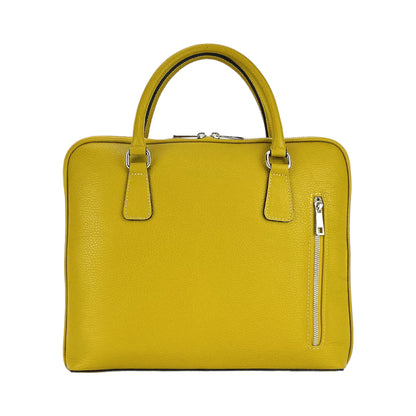 RB1019AR | Unisex Business Briefcase in Genuine Leather Made in Italy with removable shoulder strap. Attachments with shiny nickel metal snap hooks - Mustard color - Dimensions: 37 x 29 x 6.5 cm