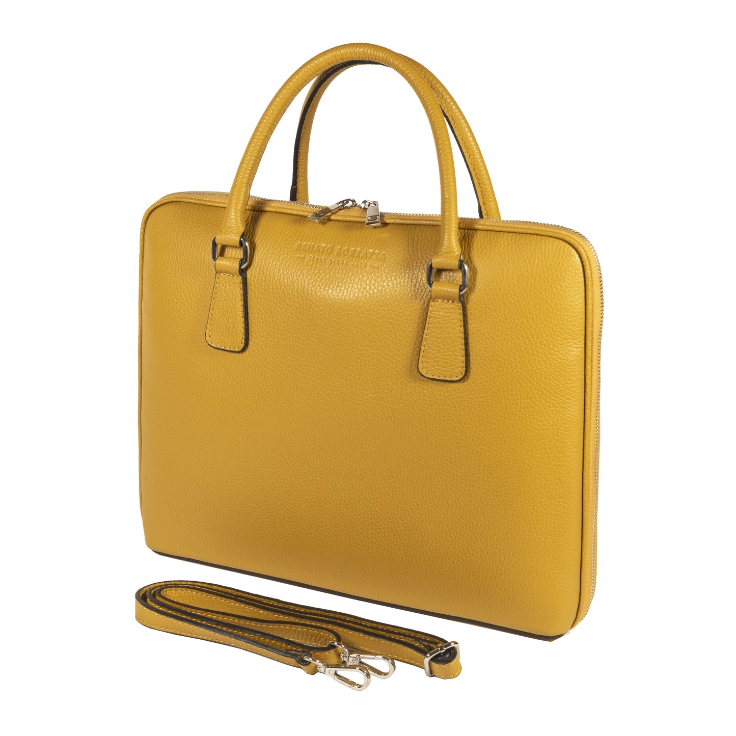 RB1019AR | Unisex Business Briefcase in Genuine Leather Made in Italy with removable shoulder strap. Attachments with shiny nickel metal snap hooks - Mustard color - Dimensions: 37 x 29 x 6.5 cm