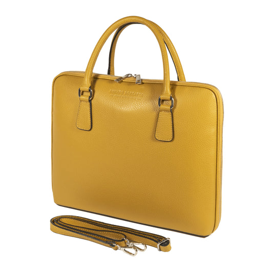 RB1019AR | Unisex Business Briefcase in Genuine Leather Made in Italy with removable shoulder strap. Attachments with shiny nickel metal snap hooks - Mustard color - Dimensions: 37 x 29 x 6.5 cm