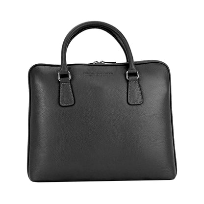 RB1019A | Cartella Business Unisex in Vera Pelle Made in Italy con tracolla removibile. Attacchi con moschettoni in metallo Nickel Lucido - Colore Nero - Dimensioni: cm 37 x 29 x 6,5