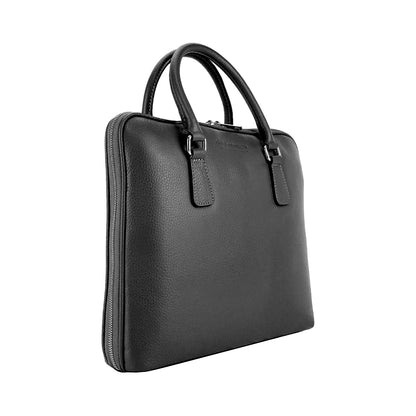 RB1019A | Cartella Business Unisex in Vera Pelle Made in Italy con tracolla removibile. Attacchi con moschettoni in metallo Nickel Lucido - Colore Nero - Dimensioni: cm 37 x 29 x 6,5