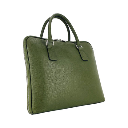 RB1019E | Unisex Business Briefcase in Genuine Leather Made in Italy with removable shoulder strap. Attachments with shiny nickel metal snap hooks - Green color - Dimensions: 37 x 29 x 6.5 cm