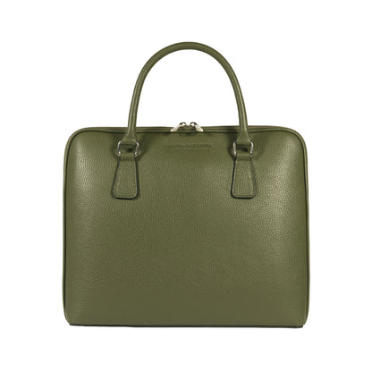 RB1019E | Unisex Business Briefcase in Genuine Leather Made in Italy with removable shoulder strap. Attachments with shiny nickel metal snap hooks - Green color - Dimensions: 37 x 29 x 6.5 cm