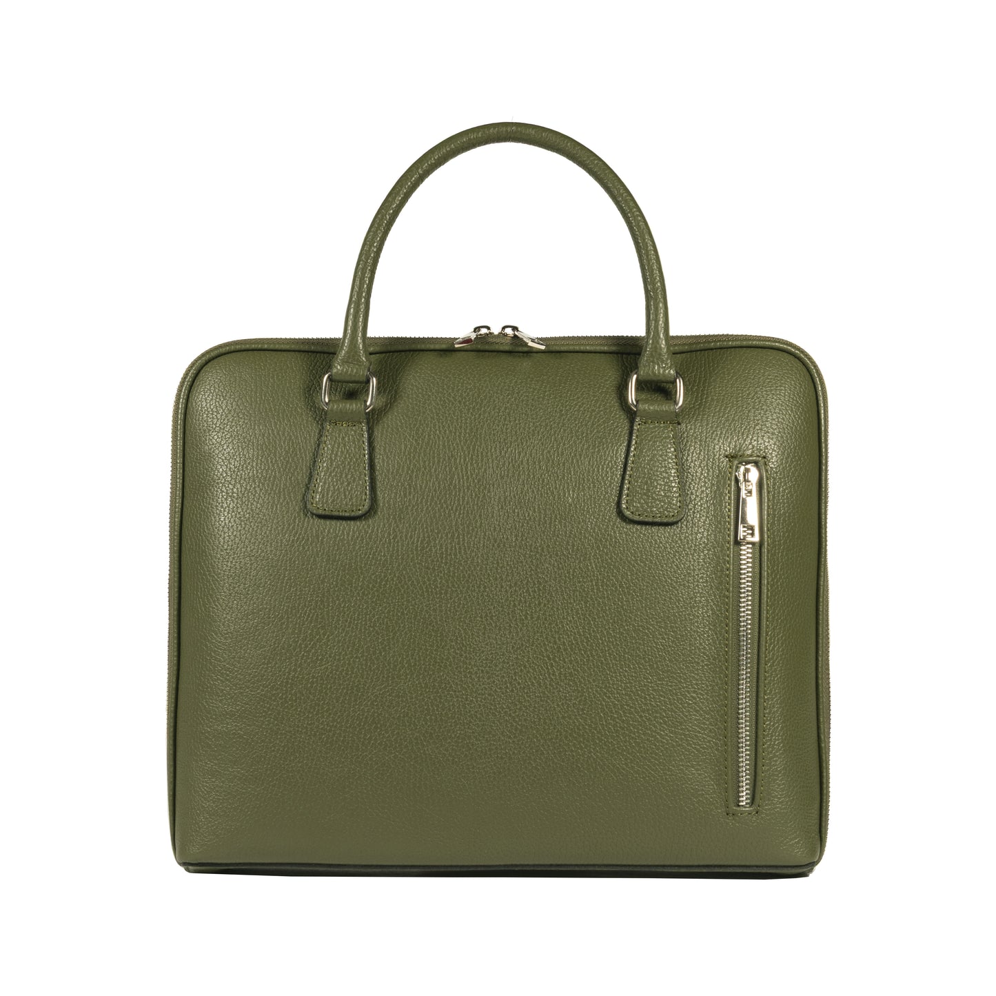 RB1019E | Unisex Business Briefcase in Genuine Leather Made in Italy with removable shoulder strap. Attachments with shiny nickel metal snap hooks - Green color - Dimensions: 37 x 29 x 6.5 cm