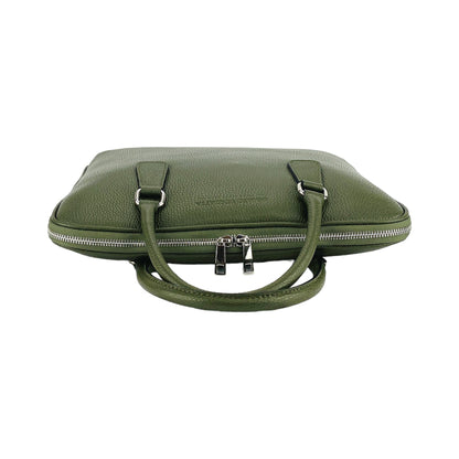 RB1019E | Unisex Business Briefcase in Genuine Leather Made in Italy with removable shoulder strap. Attachments with shiny nickel metal snap hooks - Green color - Dimensions: 37 x 29 x 6.5 cm