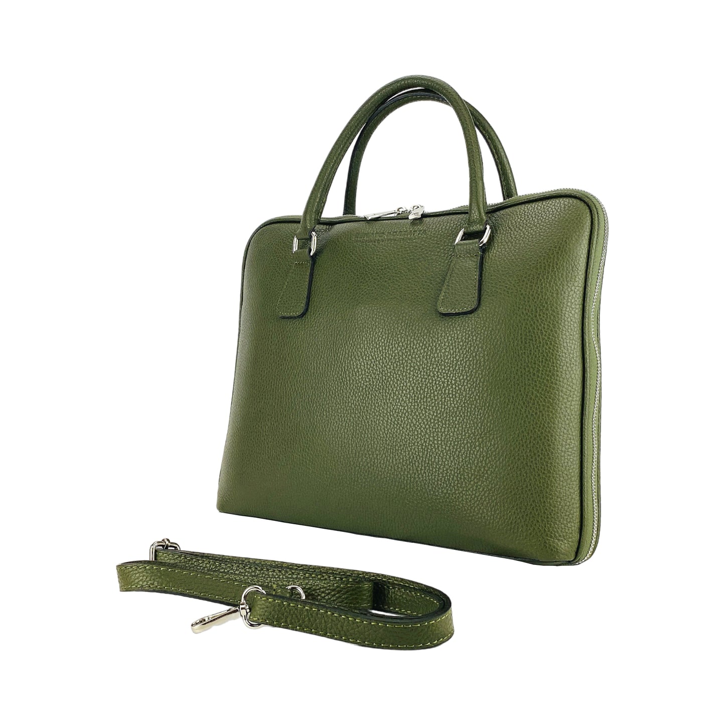 RB1019E | Unisex Business Briefcase in Genuine Leather Made in Italy with removable shoulder strap. Attachments with shiny nickel metal snap hooks - Green color - Dimensions: 37 x 29 x 6.5 cm