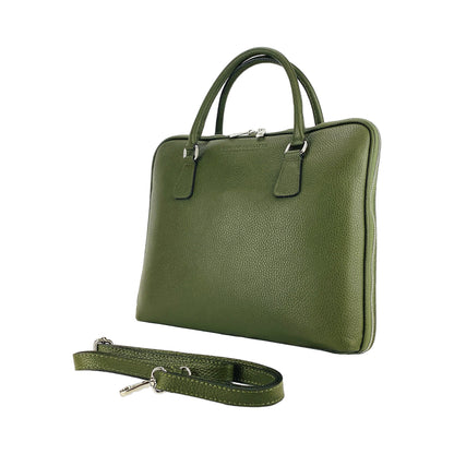 RB1019E | Unisex Business Briefcase in Genuine Leather Made in Italy with removable shoulder strap. Attachments with shiny nickel metal snap hooks - Green color - Dimensions: 37 x 29 x 6.5 cm